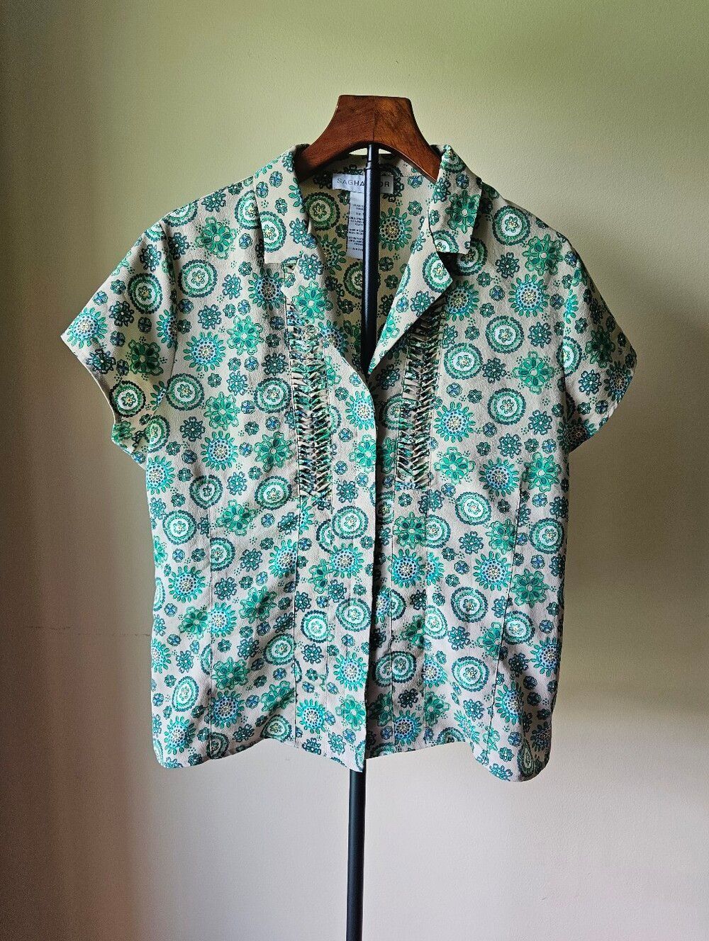 Sag Harbor Green Floral Button-Up Short Sleeve Blouse Size 16